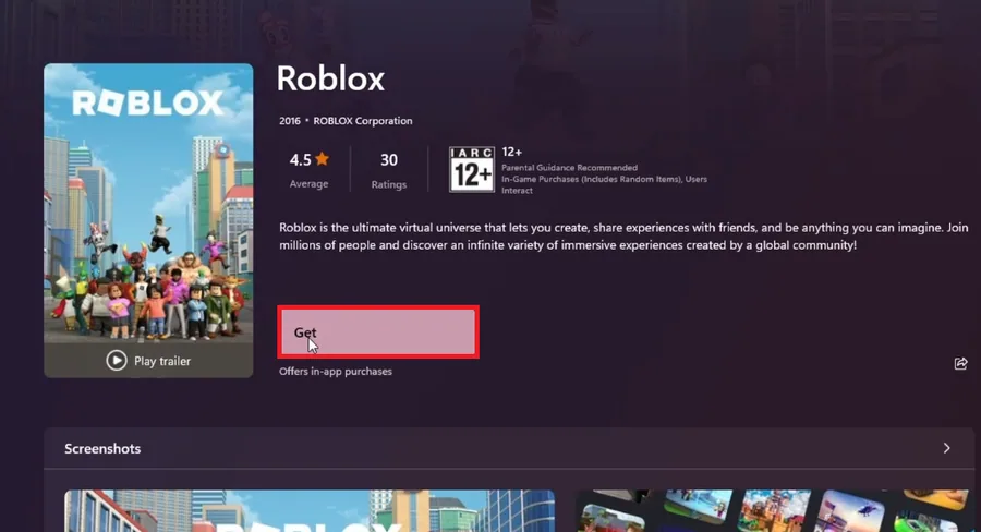 install roblox from store