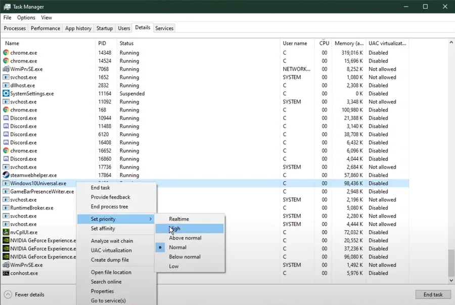 Don’t change the priority to High in case the game is already using up 100% of your CPU capabilities.