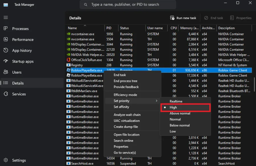 change the roblox player process priority