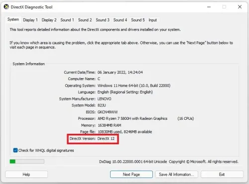 DirectX Diagnostic Tool > System > DirectX Version