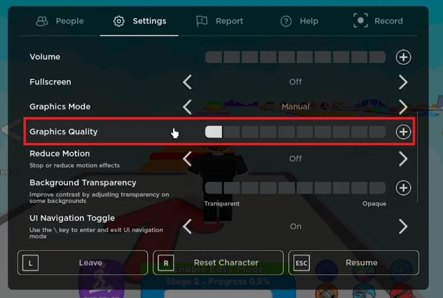 reduce roblox in game settings