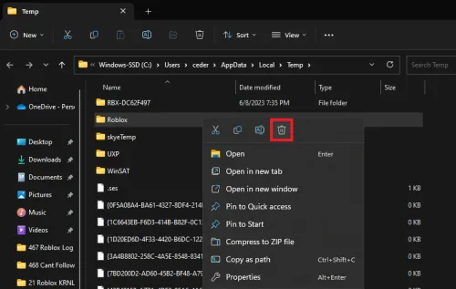 delete the roblox temp folder
