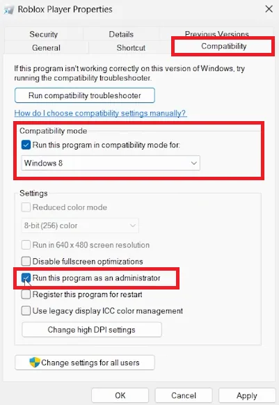 roblox compatiblity settings