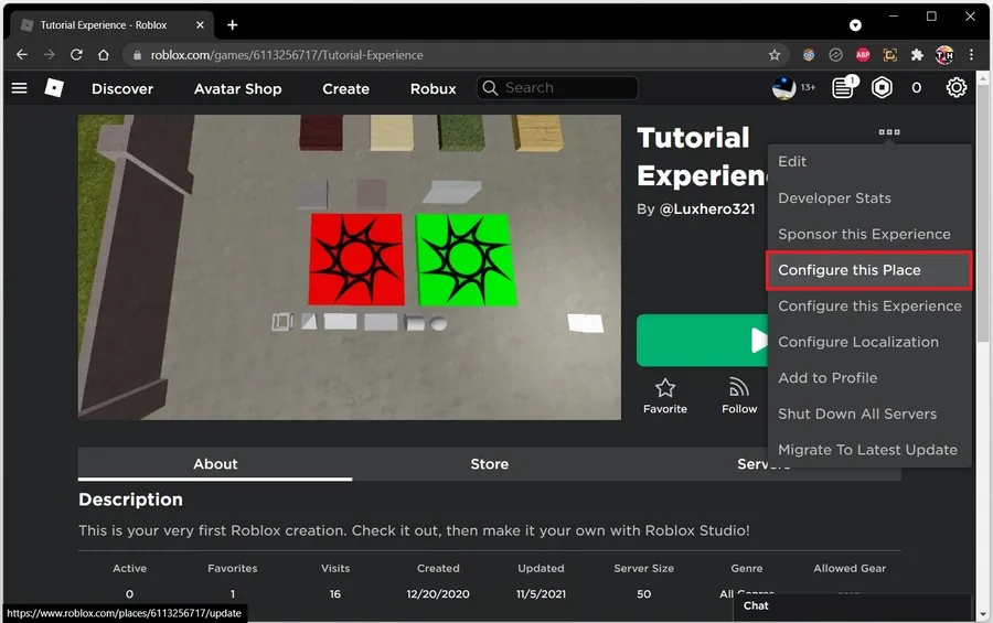 Roblox Account > Creations > Configure this Place