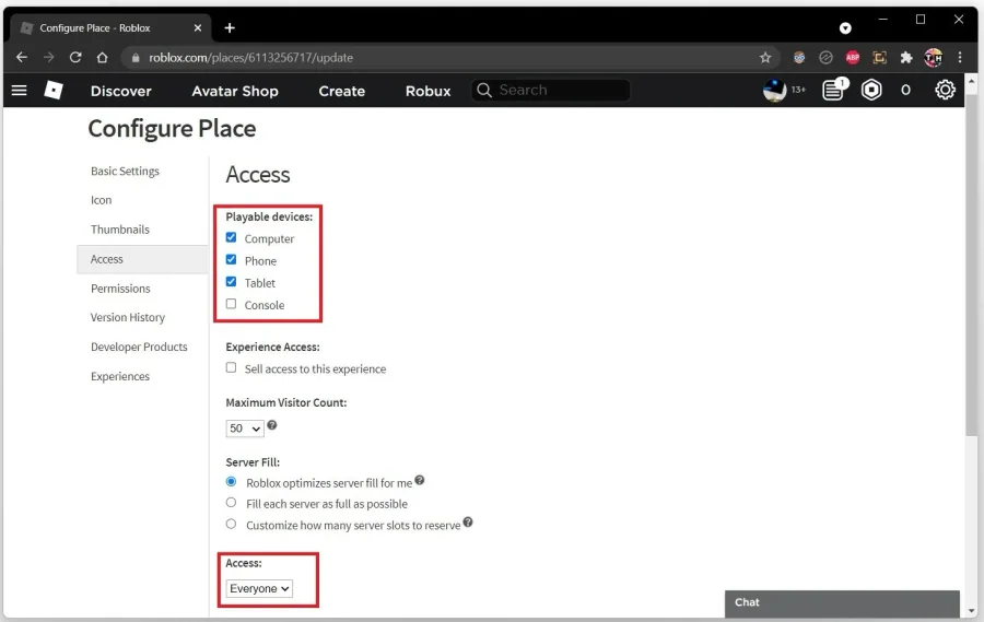 Configure Place > Access > Playable Devices