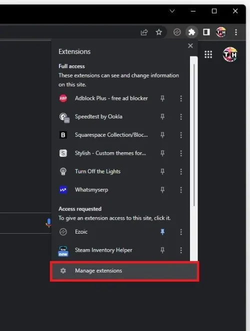 Chrome Extensions > Manage Extensions