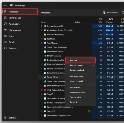 Task Manager > Processes