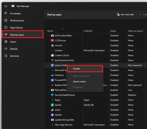 Task Manager > Startup apps