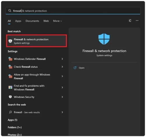 Firewall & Network Protection system settings window