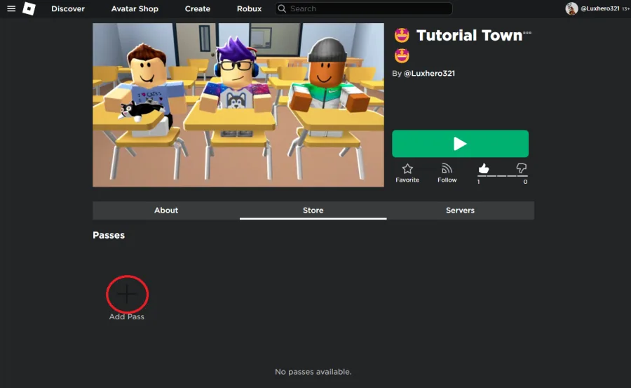 Roblox Experience > Store > Add Pass