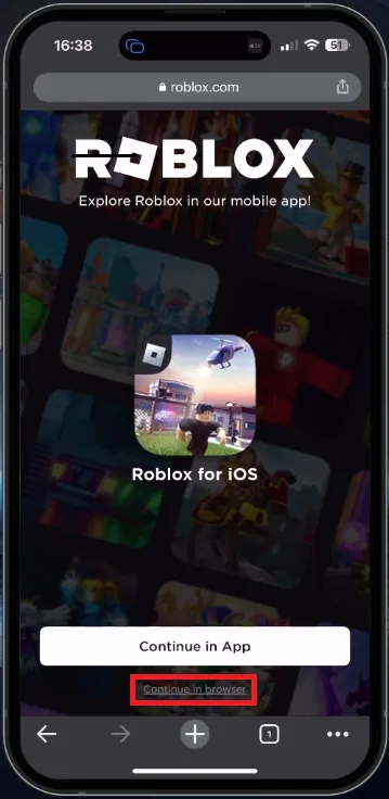 roblox homepage, click on Continue in browser
