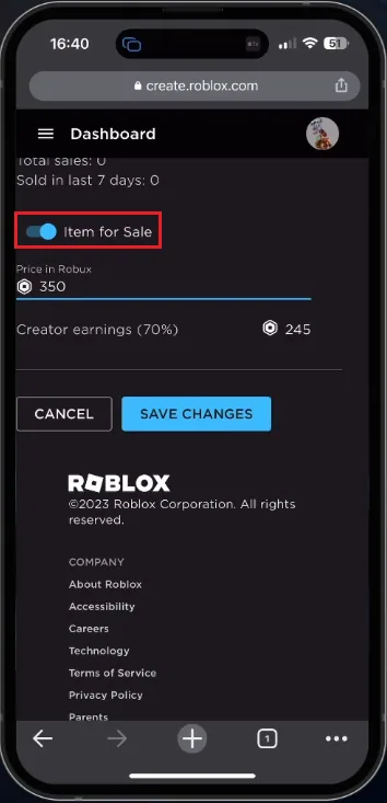 enable the item for sale option