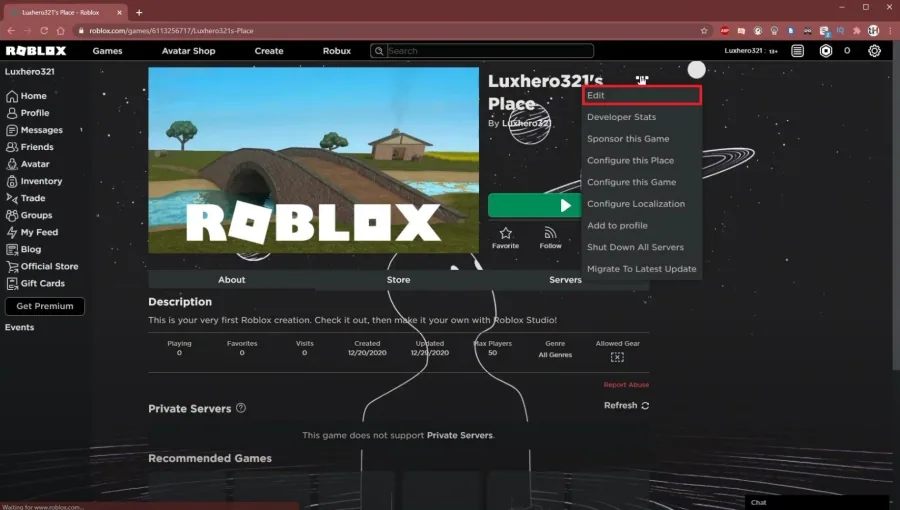 Roblox Profile > Creations > Edit