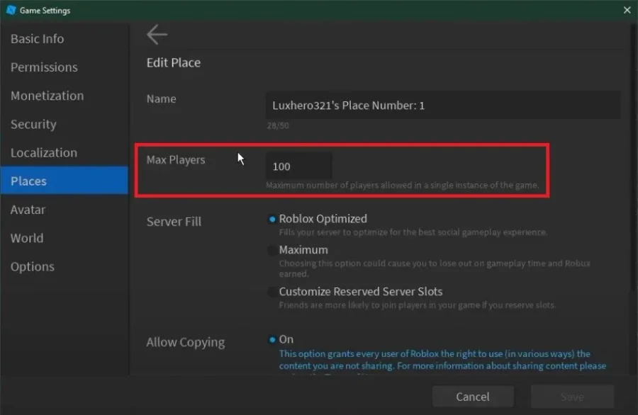 Roblox Game Settings > Places > Max Players