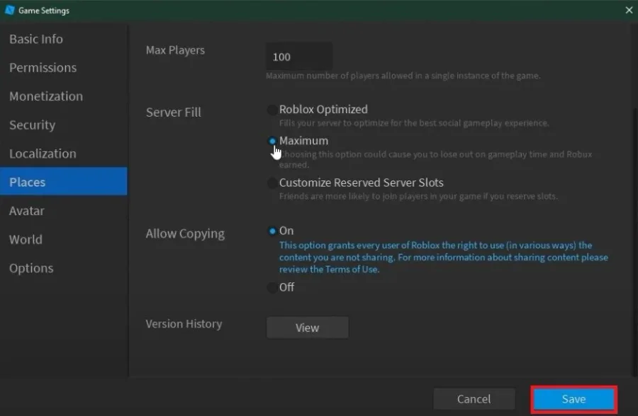 Game Settings > Places > Server Fill option