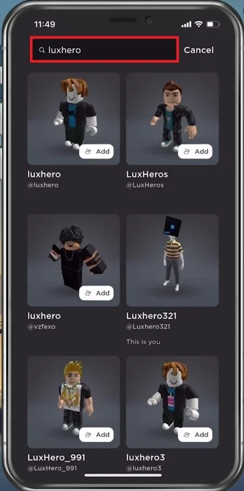 Search for the Roblox friend