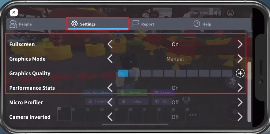 Roblox Settings > Fullscreen, Graphics Mode, Graphics Quality, Performance Stats