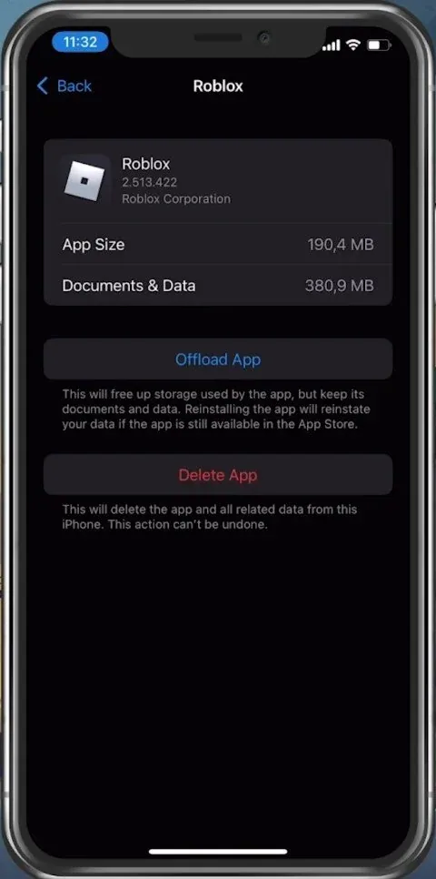 iPhone Settings > General > iPhone Storage > Roblox