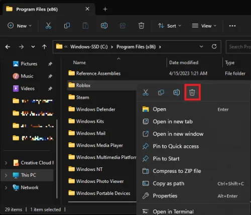 delete the roblox folder