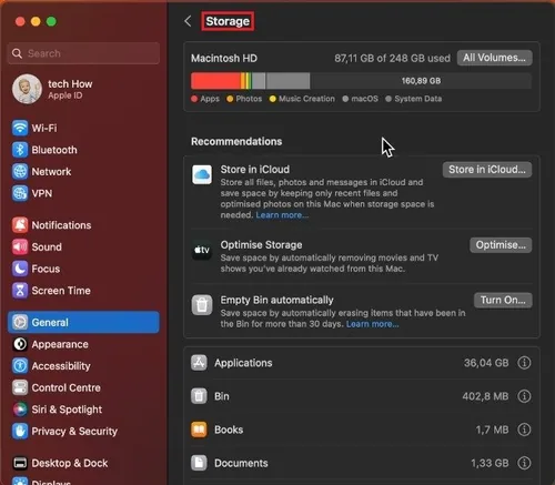 System Settings > General > Storage