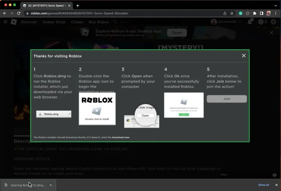 Roblox.com > Start Experience > Download Roblox.dmg