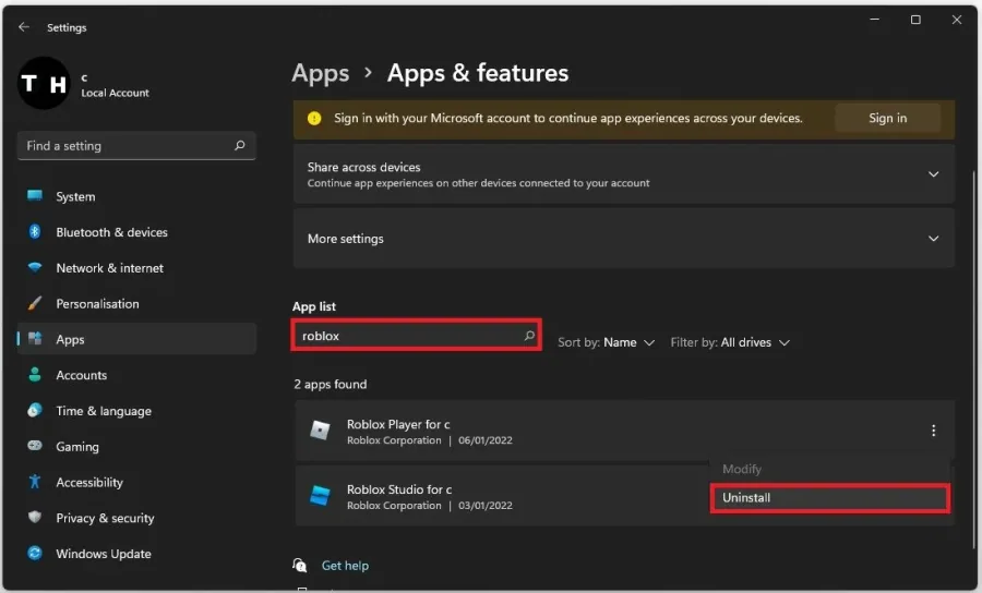 Apps & Features > Roblox > Uninstall