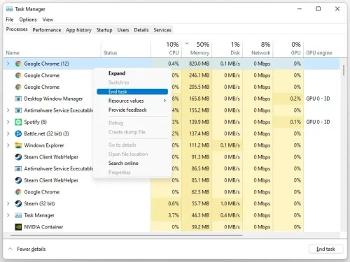Task Manager > Processes > End Task