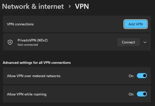 Windows Settings > Network & internet > VPN