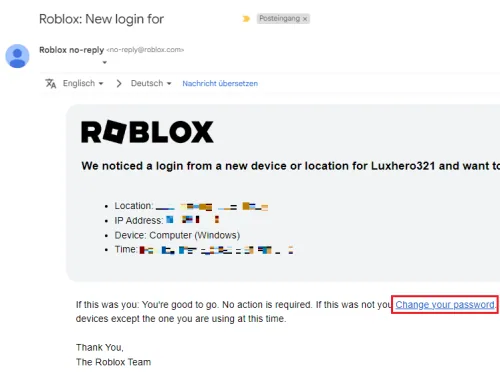 roblox account information in emails