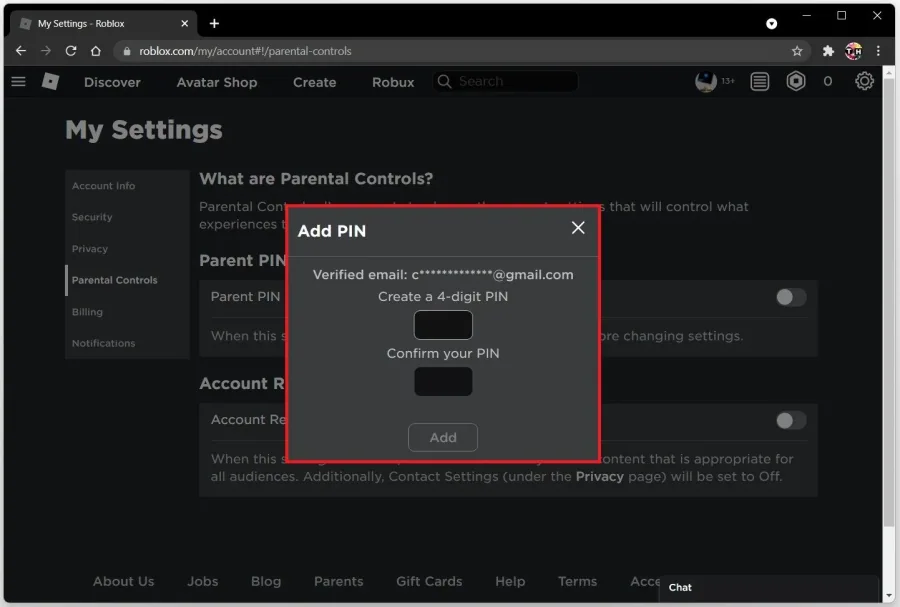 Roblox Settings > Parental Controls > Add PIN