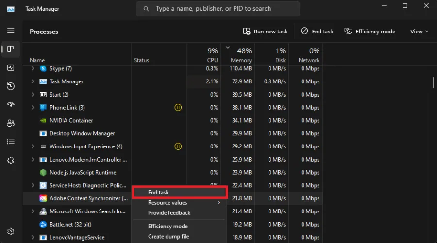 end conflcting software in your task manager