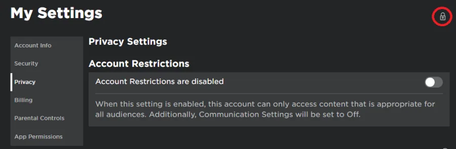 Roblox Settings > Privacy > Account PIN