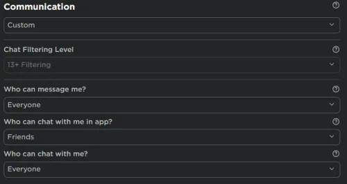 Roblox Privacy Settings > Communication