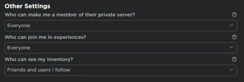 Roblox Privacy Settings > Other Settings