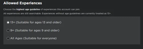 Roblox Parental Controls Settings > Allowed Experiences