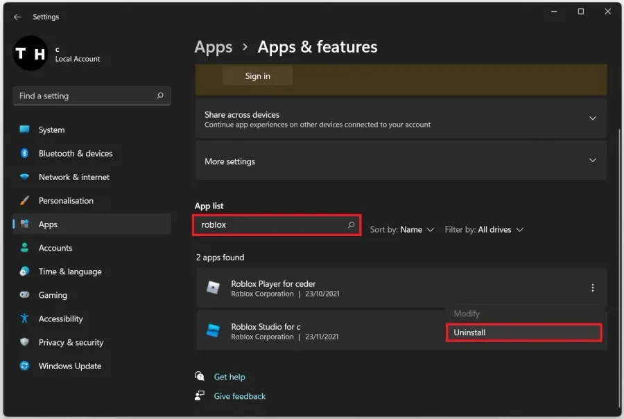 Windows Settings > Apps > Apps & Features > Roblox > Uninstall