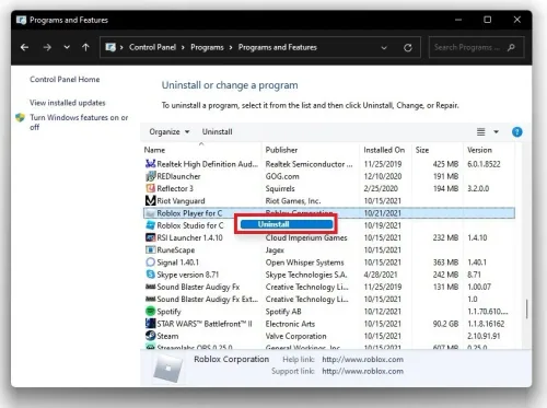 Programs and Features > Roblox Player > Uninstall