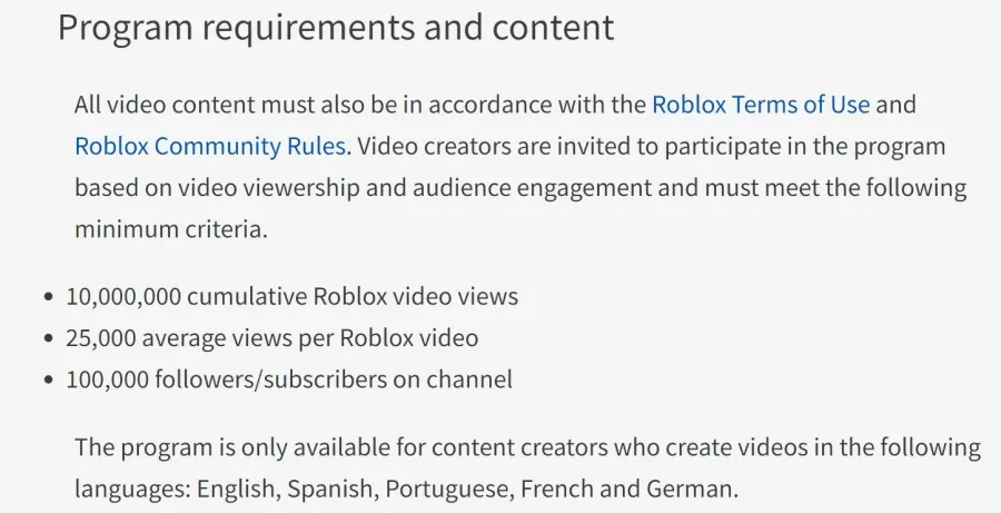 Roblox Video Star program requirements
