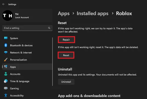repair and reset roblox app
