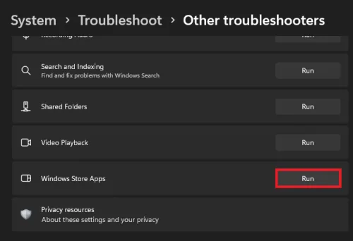 run the windows store troubleshooter