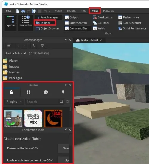 Roblox Studio > View > Toolbox