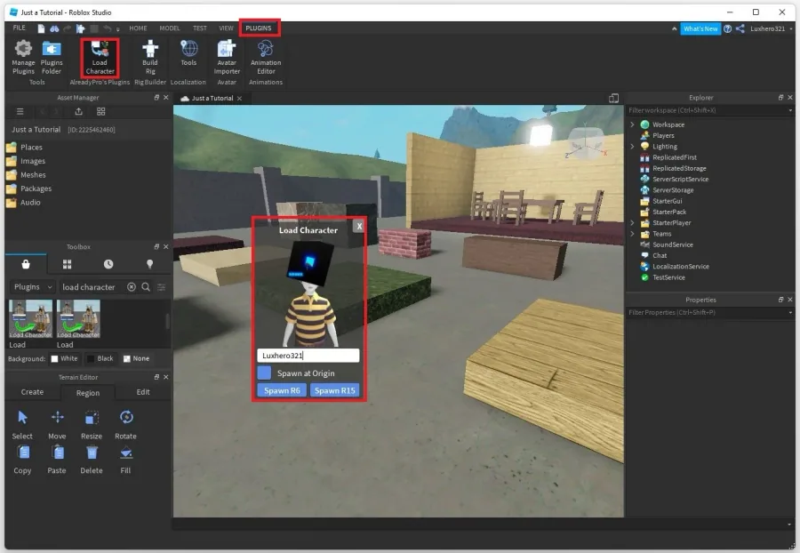 Roblox Studio > Plugins > Load Character