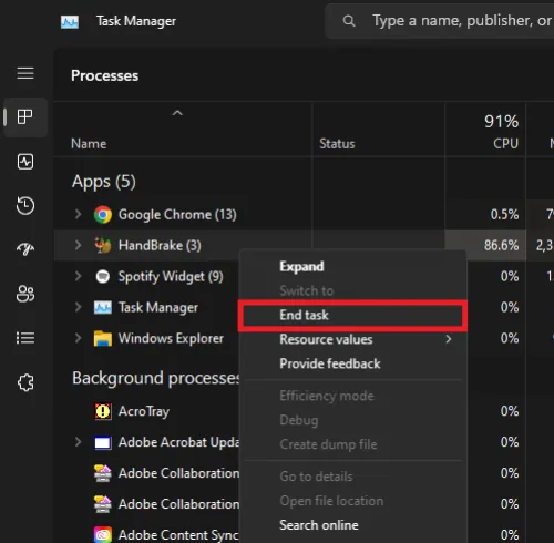 Task Manager > Processes