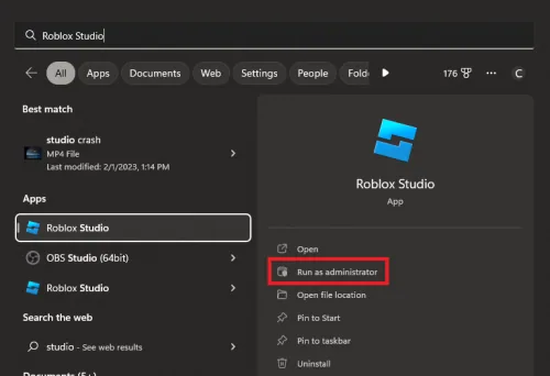 Roblox Studio > Run as administrator