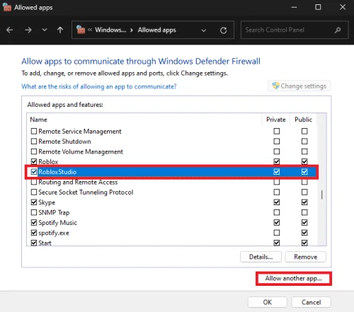 Windows Firewall > Allowed Apps > Roblox Studio