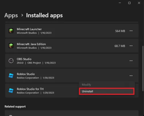 Windows Settings > Apps > Installed Apps > Roblox Studio