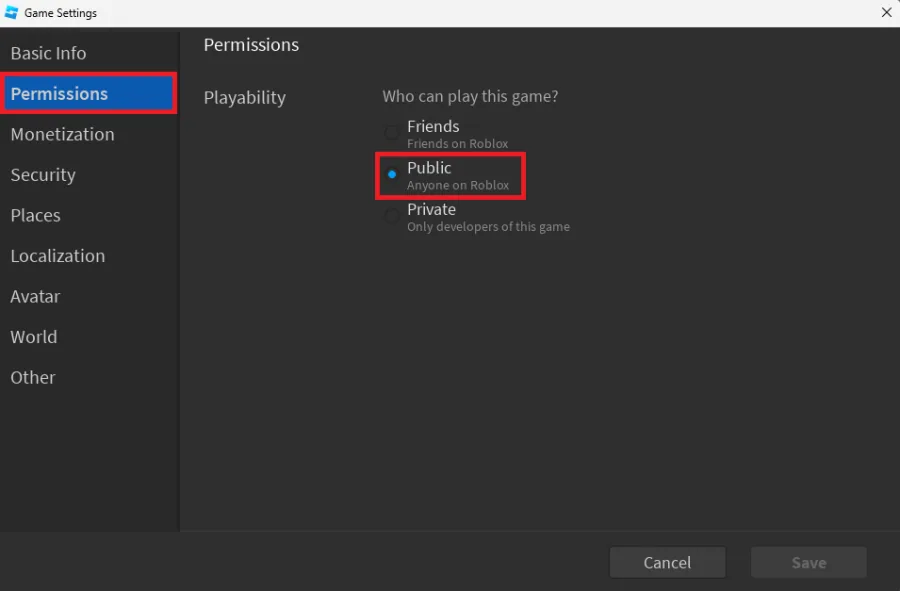 Roblox Game Settings > Permissions