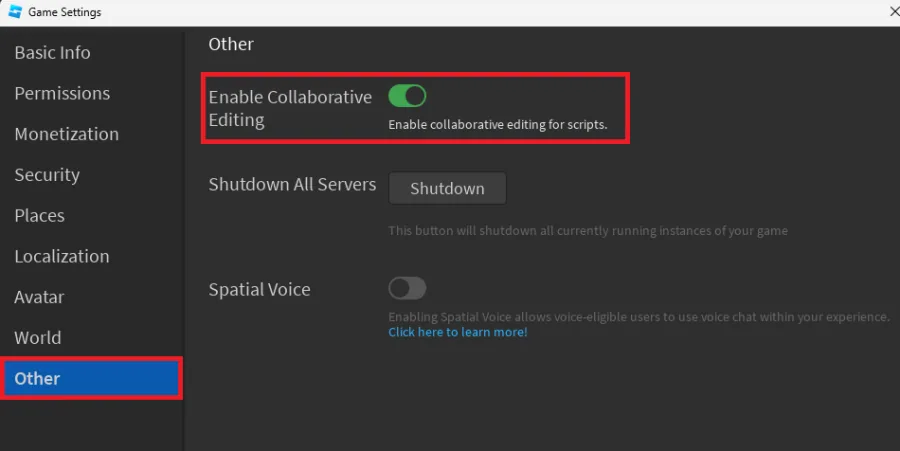 Roblox Game Settings > Other