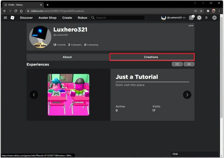 Roblox Account > Creations