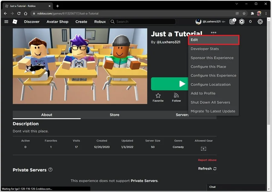 Roblox Experience > Edit